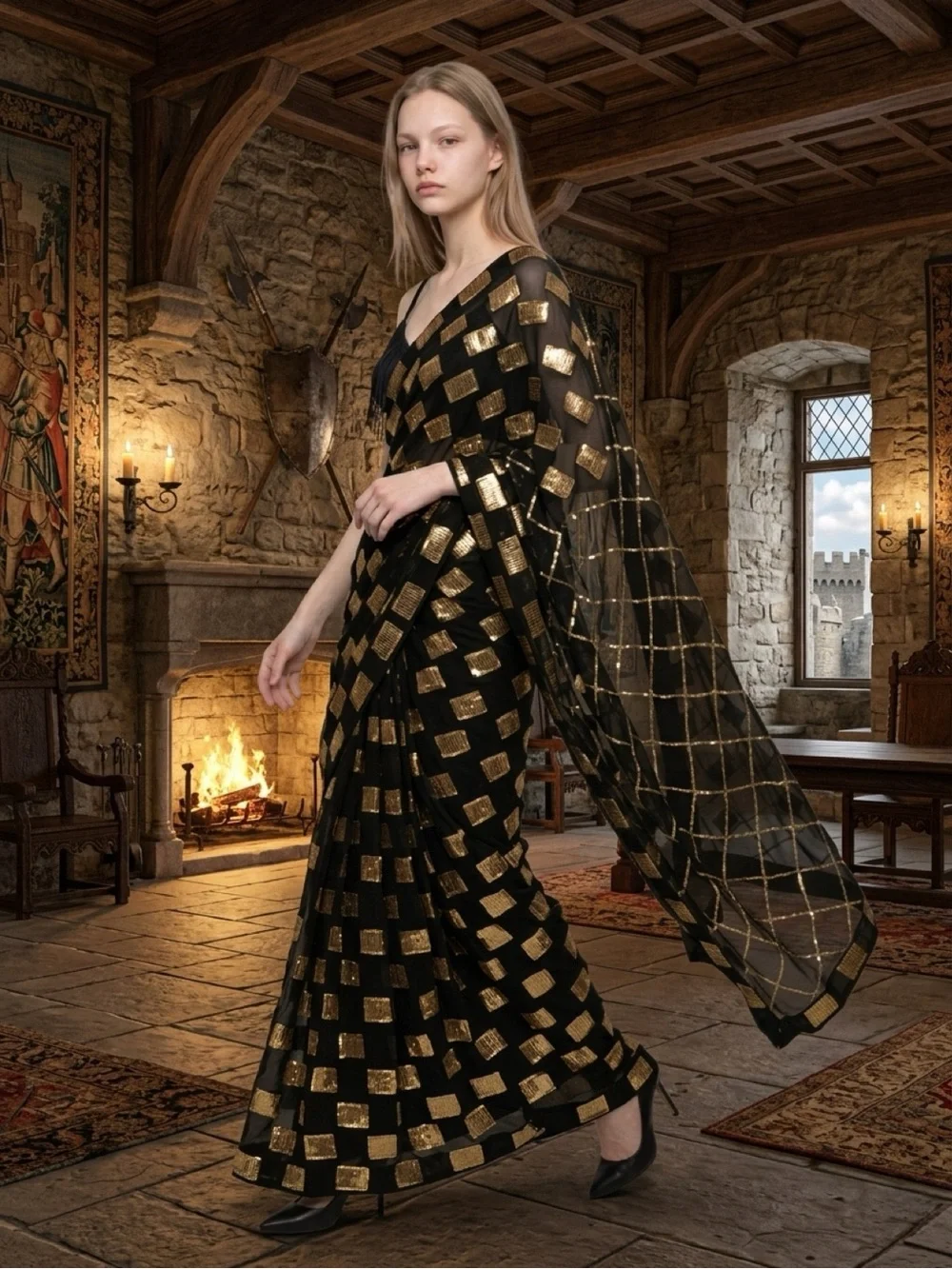 Party Sequin Wrap Dress - Black and Gold